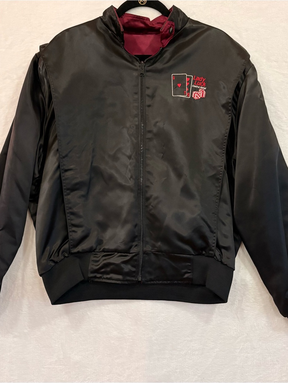Vintage Lady Luck Las Vegas Reversible Satin Bomber Jacket USA Black Burgundy